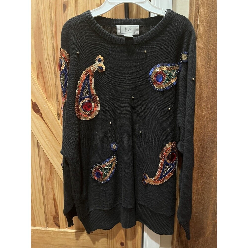 VINTAGE Women's Black Rhinestone Pearl Sweater P.A. International Size LARGE